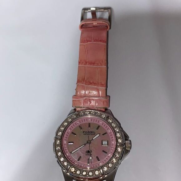 Fossil Blue Women's Silver Tone Date Pink Pave Bezel 100M Quartz Watch OS - Picture 2 of 11